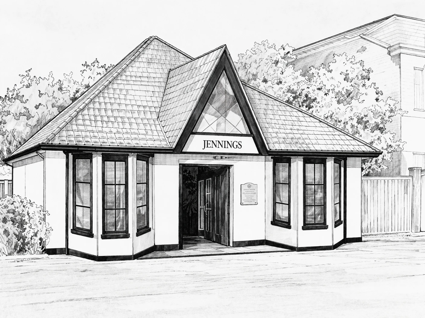 Pencil drawing of Jennings funeral home on Springdale Road, Raheny
